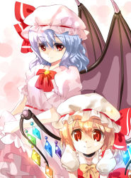 2girls bat_wings blonde_hair blue_hair bow flandre_scarlet hat hat_bow mob_cap multiple_girls nagare red_eyes remilia_scarlet siblings sisters touhou wings