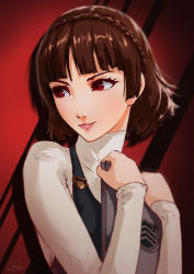 Rule 34 | 1girl, black vest, blunt bangs, braid, brown hair, cheesewoo, closed mouth, crown braid, holding, long sleeves, looking to the side, niijima makoto, persona, persona 5, pink lips, red background, red eyes, school uniform, shirt, short hair, shuujin academy school uniform, signature, smile, solo, turtleneck, vest, white shirt