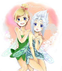 Rule 34 | 2girls, :o, absurdres, animification, blonde hair, blue dress, blue eyes, blue skirt, disney, disney fairies (film series), dress, english text, fairy, fairy wings, green dress, green skirt, hand on own chest, hand on own thigh, hands on another&#039;s shoulders, highres, kamiroku211, multiple girls, periwinkle, peter pan (disney), pointy ears, short dress, short ponytail, siblings, silver hair, sisters, skirt, smile, tinker bell (disney), wings