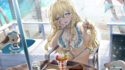 Rule 34 | 1girl, :d, absurdres, bikini, blonde hair, blue eyes, blush, bracelet, braid, breasts, cake, choker, cleavage, cup, drinking glass, eleanor stella, food, frills, hair between eyes, hair ornament, hairclip, hand on own cheek, hand on own face, haowei wu, highres, holding, holding spoon, ice cream, jewelry, large breasts, long hair, looking at viewer, navel, necklace, nkshoujo, open mouth, sitting, smile, solo, spoon, swimsuit, virtual youtuber