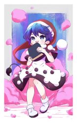 Rule 34 | 1girl, :3, black capelet, blue eyes, blue hair, book, capelet, doremy sweet, dress, full body, hat, highres, holding, holding book, mr.turtle head, multicolored clothes, multicolored dress, nightcap, one-hour drawing challenge, open mouth, pom pom (clothes), red hat, revision, shoes, short hair, smile, solo, tail, tapir tail, touhou, white footwear