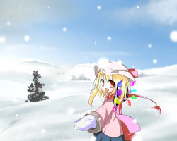 Rule 34 | 1girl, blonde hair, cloud, coat, fang, female focus, flandre scarlet, hat, mittens, oouso, outdoors, plant, red eyes, scarf, short hair, sky, snow, solo, standing, touhou, tree, wings, winter