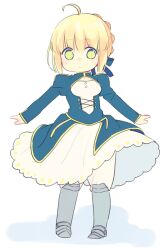 Rule 34 | 1girl, 87banana, ahoge, armor, armored boots, artoria pendragon (all), artoria pendragon (fate), blonde hair, blue dress, blue ribbon, blush, boots, bow, braid, chibi, commentary request, dress, fate/stay night, fate (series), french braid, full body, green eyes, hair between eyes, hair bun, hair ribbon, juliet sleeves, long sleeves, looking at viewer, outstretched arms, puffy sleeves, ribbon, saber (fate), short hair, sidelocks, simple background, single hair bun, skirt, solo, standing, white background