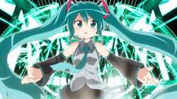 Rule 34 | 1girl, aqua eyes, aqua hair, bare shoulders, detached sleeves, hatsune miku, highres, long hair, massala, necktie, open mouth, outstretched arms, skirt, solo, spread arms, twintails, very long hair, vocaloid, wallpaper
