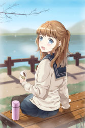 Rule 34 | 1girl, baozi, bare tree, bench, black pantyhose, blue eyes, blue sailor collar, blue skirt, blue sky, blurry, blurry background, brown hair, cardigan, commentary, day, depth of field, food, grass, half updo, holding, holding food, looking at viewer, looking back, medium hair, mountain, open mouth, original, outdoors, pantyhose, railing, red neckwear, sailor collar, school uniform, serafuku, shadow, sitting, skirt, sky, snowing, solo, teeth, thermos, tree, unya (unya-unya), upper teeth only, water, white cardigan, wooden railing
