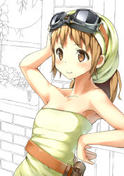 Rule 34 | 1girl, arm support, arm up, armpits, bare shoulders, belt, blush, brown eyes, brown hair, female focus, fikusipu, goggles, hand on own head, long hair, original, smile, solo, strapless, tube top