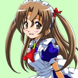 Rule 34 | 1girl, alternate hairstyle, andou mahoro, andou mahoro (cosplay), bad id, blouse, blue shirt, brown eyes, brown hair, collared shirt, cosplay, from side, gem, green background, green gemstone, hair between eyes, hair down, hayate no gotoku!, long hair, lowres, mahoromatic, maid, maria (hayate no gotoku!), neckerchief, parody, parted bangs, red neckerchief, segawa haruna, shirt, simple background, solo, twintails, two side up