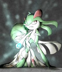Rule 34 | blood, blue hair, clenched teeth, closed eyes, colored skin, creatures (company), cut, cuts, evolution, evolutionary line, full body, gallade, game freak, gardevoir, gen 3 pokemon, gen 4 pokemon, glowing, glowing eyes, green hair, green skin, highres, injury, kashiwa (3920kashiwa), kirlia, kneeling, legs apart, looking to the side, medium hair, messy hair, multicolored hair, multicolored skin, nintendo, pokemon, pokemon (creature), protecting, red eyes, short hair, standing, tears, teeth, transformation, two-tone hair, two-tone skin, white skin