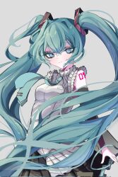 Rule 34 | 1girl, aqua eyes, aqua hair, aqua necktie, black sleeves, breasts, detached sleeves, donki (dodododonkidon), eyelashes, frilled shirt, frills, grey background, grey shirt, hair between eyes, hatsune miku, hatsune miku (nt), highres, light smile, long hair, looking at viewer, necktie, pleated skirt, shirt, skirt, small breasts, solo, twintails, upper body, very long hair, vocaloid