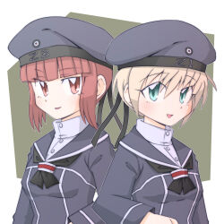 Rule 34 | 2girls, back-to-back, black neckerchief, blonde hair, blue dress, blue eyes, blue headwear, blue sailor collar, blunt bangs, breasts, brown hair, clothes writing, commentary request, dress, hat, highres, kantai collection, multiple girls, neckerchief, red eyes, sailor collar, sailor dress, sailor hat, shin (shin k009), short hair, small breasts, upper body, z1 leberecht maass (kancolle), z3 max schultz (kancolle)