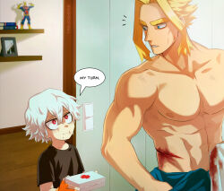 Rule 34 | 2boys, abs, aged down, all might, black shirt, blonde hair, blue eyes, boku no hero academia, bruise, collarbone, cuts, figure, grey hair, highres, holding, indoors, injury, male focus, mole, mole under mouth, multiple boys, navel, notice lines, parted bangs, parted lips, red eyes, scar, scar on face, shigaraki tomura, shirt, short hair, short sleeves, teeth, trevo (trevoshere), wooden floor, yagi toshinori