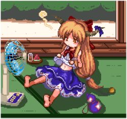 Rule 34 | 1girl, barefoot, bow, bowtie, brown horns, commentary request, electric fan, flat chest, full body, gourd, hair bow, horn bow, horn ornament, horns, hot, ibuki suika, indoors, long hair, low-tied long hair, lowres, navel, open mouth, orange eyes, orange hair, pixel art, purple bow, purple skirt, red bow, red bowtie, shirt, sidelocks, skirt, sleeveless, sleeveless shirt, solo, tatami, touhou, unk kyouso, very long hair, white shirt