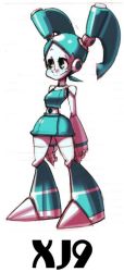 Rule 34 | 1girl, alex ahad (style), android, aqua hair, bad id, bad pixiv id, blue eyes, character name, crop top, jenny wakeman, joints, midriff, my life as a teenage robot, nickelodeon, official style, parody, robot, robot joints, sarikyou, simple background, skirt, skullgirls, smile, solo, standing, style parody, twintails, white background