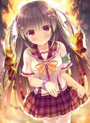Rule 34 | 1girl, blush, brown eyes, brown hair, fire, frilled skirt, frills, hair ornament, hair ribbon, highres, lens flare, long hair, looking at viewer, miniskirt, night, original, outdoors, pleated skirt, red skirt, ribbon, school uniform, shirt, short sleeves, skirt, skirt hold, smile, solo, standing, takano yuki (allegro mistic), thighhighs, two side up, very long hair, white ribbon, white shirt, white thighhighs, zettai ryouiki