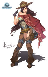 Rule 34 | 1girl, absurdres, alternate eye color, alternate hair length, alternate hairstyle, ammunition, armor, armored dress, artist name, bandolier, bare shoulders, belt, black gloves, boots, breastplate, breasts, brown belt, brown hair, cape, cassidy (overwatch), chaps, collarbone, copyright name, cowboy hat, dated, dress, emblem, finger to headwear, full body, genderswap, genderswap (mtf), gloves, hair over one eye, hand on own hip, hand up, hat, highres, holster, knee pads, lips, logo, long hair, mechanical hands, off shoulder, overwatch, overwatch 1, parted lips, pink lips, poncho, red cape, red eyes, shadow, sheath, signature, simple background, single glove, single mechanical hand, single sleeve, solo, spurs, standing, thigh holster, torn cape, torn clothes, very long hair, white background