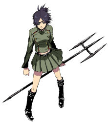 Rule 34 | 1girl, blue eyes, blue hair, breasts, chrome dokuro, eyepatch, from above, frown, full body, katekyo hitman reborn!, legs apart, midriff, polearm, raibura, short hair, simple background, skirt, solo, source request, standing, trident, weapon, white background
