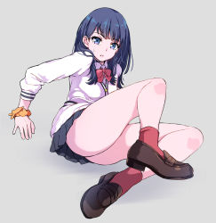 Rule 34 | 10s, 1girl, ass, bad id, bad pixiv id, black hair, blue eyes, bow, brown footwear, cardigan, dress shirt, grey background, gridman universe, leaning back, legs, loafers, long hair, long sleeves, looking at viewer, microskirt, parted lips, pleated skirt, red bow, red legwear, school uniform, scrunchie, shirt, shoes, simple background, sitting, skirt, solo, ssss.gridman, sweatdrop, takarada rikka, thick thighs, thighs, tokeshi, white cardigan, white shirt, wrist scrunchie