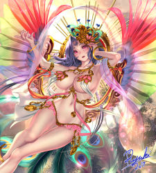Rule 34 | 1girl, :d, armpits, breasts, facial mark, feathers, forehead mark, highres, large breasts, long hair, looking at viewer, navel, open mouth, original, peacock feathers, purple eyes, purple hair, revealing clothes, ryuki@maguro-ex, smile, solo, teeth, thighs, underboob, veins, veiny breasts, wings