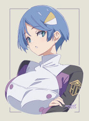 Rule 34 | 1girl, blue hair, breasts, commentary request, dated, green eyes, highres, kichihachi, long sleeves, looking at viewer, open mouth, scheris adjani, scryed, short hair, solo, uniform