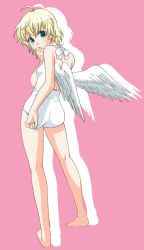 Rule 34 | 1girl, adjusting clothes, adjusting swimsuit, ahoge, angel wings, ass, barefoot, blonde hair, casual one-piece swimsuit, covering face, covering own mouth, covering privates, feet, full body, halterneck, mattaku mousuke, one-piece swimsuit, original, shadow, short hair, simple background, solo, standing, swimsuit, toes, wings