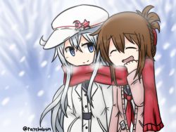 Rule 34 | 10s, 2girls, :d, artist name, blue eyes, brown hair, closed eyes, folded ponytail, hammer and sickle, hat, hibiki (kancolle), inazuma (kancolle), kantai collection, multiple girls, open mouth, raythalosm, red scarf, scarf, school uniform, shared clothes, shared scarf, smile, snowing, star (symbol), twitter username, verniy (kancolle), white hair