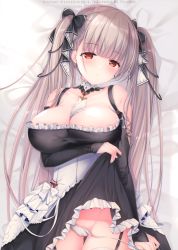 Rule 34 | 1girl, absurdres, azur lane, bare shoulders, bed sheet, between breasts, black dress, black nails, blush, breasts, cameltoe, cleavage, clothes lift, collarbone, cowboy shot, dress, dress lift, earrings, fingernails, formidable (azur lane), frilled dress, frills, garter straps, grey hair, groin, hair ribbon, highres, jewelry, large breasts, lifting own clothes, long hair, long sleeves, looking at viewer, lying, nail polish, on back, panties, panty pull, red eyes, ribbon, scan, shiny skin, side-tie panties, skirt, skirt hold, skirt lift, solo, sousouman, twintails, underwear, untied panties, very long hair, white panties