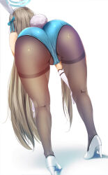Rule 34 | 1girl, animal ears, aqua ribbon, ass, asuna (blue archive), asuna (bunny) (blue archive), bare shoulders, bent over, black pantyhose, blue archive, blue leotard, cameltoe, fake animal ears, female focus, from behind, full body, fumihiko (fu mihi ko), gloves, hair ribbon, halo, hands on own knees, high heels, highres, leaning forward, leotard, light brown hair, long hair, official alternate costume, pantyhose, playboy bunny, rabbit ears, rabbit tail, revision, ribbon, simple background, solo, tail, thighband pantyhose, white background, white footwear, white gloves