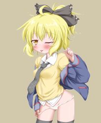 Rule 34 | 1girl, ;p, ahoge, alternate costume, bad id, bad pixiv id, black thighhighs, blonde hair, blue jacket, blush, bow, female focus, hair bow, jacket, kurodani yamame, looking at viewer, necktie, no pants, oden (th-inaba), one eye closed, open clothes, open jacket, panties, panty pull, ponytail, shirt, short hair, solo, spider web print, strap pull, thighhighs, tongue, tongue out, touhou, underwear, vest, white panties, white shirt, wink, yellow eyes