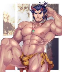 Rule 34 | 1boy, abs, bara, blue hair, briefs, bulge, cowboy shot, dark blue hair, demon boy, facial hair, fang, fiery horns, horns, jewelry, large pectorals, long sideburns, male focus, male underwear, manly, muscular, navel, necklace, nhawnuad, nipples, pectorals, short hair, sideburns, stubble, takemaru (housamo), thick eyebrows, thick thighs, thighs, tokyo houkago summoners, torn clothes, underwear