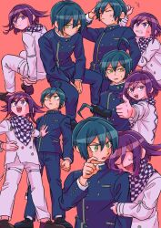 Rule 34 | 2boys, 2gyks, :d, ahoge, anger vein, black jacket, black pants, breast pocket, buttons, checkered clothes, checkered scarf, commentary, danganronpa (series), danganronpa v3: killing harmony, double-breasted, green eyes, green hair, grey jacket, grey pants, hair between eyes, invisible chair, jacket, long sleeves, medium hair, multiple boys, open mouth, oma kokichi, pants, pocket, purple eyes, purple hair, red background, saihara shuichi, scarf, short hair, sitting, smile, teeth, upper teeth only
