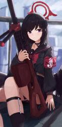 Rule 34 | 1girl, absurdres, anzio ironworks 20mm rifle, armband, black choker, black hair, black sailor collar, black serafuku, black shirt, black skirt, black wings, blue archive, bow, bowtie, choker, closed mouth, commentary request, cropped shirt, feathered wings, gun, halo, highres, holding, holding gun, holding weapon, jianjia, looking at viewer, low wings, mashiro (blue archive), midriff peek, purple eyes, red armband, red bow, red bowtie, red halo, sailor collar, school uniform, serafuku, shirt, short hair, skirt, solo, weapon, winged halo, wings