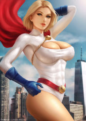 Rule 34 | 1girl, adjusting clothes, adjusting leotard, arm behind head, arm up, artist name, belt, blonde hair, blue eyes, blue gloves, blue sky, breasts, building, cape, cleavage, cleavage cutout, closed mouth, clothing cutout, cloud, cloudy sky, commentary, covered erect nipples, day, dc comics, elbow gloves, gloves, highres, large breasts, leotard, light smile, lips, long sleeves, looking at viewer, outdoors, parted bangs, power girl, realistic, red belt, red cape, shiny skin, short hair, simple background, sky, solo, superman (series), thighs, white leotard, yupachu