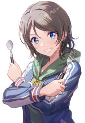 Rule 34 | 1girl, artist name, blue eyes, commentary, dated, fork, grey hair, grin, highres, holding, holding fork, holding spoon, hood, hooded jacket, jacket, looking at viewer, love live!, love live! sunshine!!, shamakho, short hair, smile, solo, spoon, watanabe you, watermark, white background