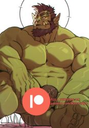 Rule 34 | 1boy, abs, bara, beard, body fur, censored, chest tuft, colored skin, completely nude, facial hair, feet, full beard, green skin, halo, halo behind head, highres, large pectorals, lion tail, male focus, matcha ryu, mature male, muscular, muscular male, navel, nipples, nose piercing, nose ring, nude, orc, original, paid reward available, pectorals, penis, piercing, pointy ears, short hair, sitting, solo, sparse navel hair, strongman waist, tail, thick beard, thick eyebrows, thick thighs, thighs, tusks, veins, veiny penis