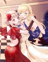 2girls absurdres alternate_costume armpits ass back ballroom bare_back blonde_hair breasts circlet cleavage commission dancing dress earrings elbow_gloves fire_emblem fire_emblem_heroes flower gloves green_eyes grey_hair hair_flower hair_ornament half_gloves hand_on_another&#039;s_back highres holding_hands jewelry light_particles lipstick long_hair looking_to_the_side makeup multiple_girls nintendo official_alternate_hairstyle red_dress red_eyes sakuramotikun second-party_source sharena_(fire_emblem) shawl short_hair short_hair_with_long_locks signature skeb_commission tareme veronica_(fire_emblem) veronica_(princess_rising)_(fire_emblem)