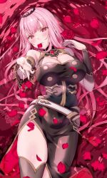 Rule 34 | 1girl, absurdres, black dress, breasts, cleavage, dress, happy birthday, highres, hololive, hololive english, kamiya maneki, large breasts, long hair, looking at viewer, mori calliope, mori calliope (1st costume), petals, pink eyes, pink hair, rose petals, smile, solo, spikes, thighhighs, tiara, veil, virtual youtuber