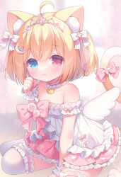 Rule 34 | 1girl, ahoge, animal ear fluff, animal ears, bare shoulders, between legs, blonde hair, blue eyes, blush, bow, cat ears, cat girl, cat tail, collarbone, commentary request, detached wings, dress, frilled skirt, frills, hair between eyes, hair bow, hand between legs, heterochromia, mini wings, original, pink skirt, pleated skirt, red eyes, sitting, skirt, solo, strapless, strapless dress, tail, thighhighs, tiara, two side up, usashiro mani, wariza, white bow, white dress, white thighhighs, white wings, wings, wrist cuffs
