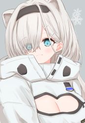 Rule 34 | 1girl, animal ears, arknights, aurora (arknights), bear ears, black hairband, blue eyes, blush, breasts, cleavage, cleavage cutout, closed mouth, clothing cutout, eyes visible through hair, grey background, hair ornament, hair over one eye, hairband, hairclip, high collar, highres, large breasts, looking at viewer, risshu, silver hair, simple background, smile, snowflakes, solo, unzipped, upper body