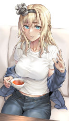 Rule 34 | 1girl, alternate costume, blonde hair, blue eyes, blush, braid, breasts, casual, collarbone, commentary request, crown, cup, denim, french braid, hairband, highres, holding, holding cup, indoors, jacket, jeans, kantai collection, kokuzou, large breasts, long hair, long sleeves, looking at viewer, mini crown, off shoulder, pants, parted lips, shirt, short sleeves, sitting, smile, solo, steam, tea, teacup, warspite (kancolle), white shirt