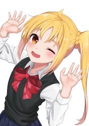 Rule 34 | 1girl, absurdres, ahoge, black sweater vest, blonde hair, blue skirt, blush, bocchi the rock!, bow, bowtie, choppy bangs, collared shirt, detached ahoge, hands up, highres, ijichi nijika, long hair, long sleeves, looking at viewer, one eye closed, open mouth, parted bangs, pleated skirt, polka dot bowtie, red bow, red bowtie, red eyes, school uniform, shimizu keitaro, shimokitazawa high school uniform, shirt, side ponytail, simple background, skirt, smile, solo, sweater vest, white background, white shirt