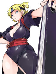 Rule 34 | 1girl, blonde hair, blue eyes, breasts, cleavage, covered navel, fan, frown, hand on own hip, headband, highres, japanese clothes, kimono, large breasts, naruto (series), quad tails, solo, takayama toshinori, temari (naruto), white background