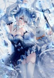 Rule 34 | 1girl, :d, animal, arm up, beamed eighth notes, blue eyes, blue hair, blurry, blurry foreground, blush, bow, breasts, cleavage, depth of field, detached sleeves, hair between eyes, hatsune miku, highres, juliet sleeves, long hair, long sleeves, musical note, open mouth, plaid, puffy sleeves, rabbit, rabbit yukine, sidelocks, small breasts, smile, strapless, tandohark, thighhighs, tiara, twintails, underboob, very long hair, vocaloid, white bow, white sleeves, white thighhighs, yuki miku