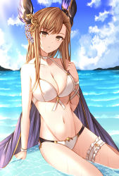 Rule 34 | 1girl, bare arms, bare shoulders, bikini, blush, breasts, brown eyes, brown hair, cleavage, collarbone, granblue fantasy, hair ornament, highres, in water, kanpyou (hghgkenfany), large breasts, long hair, looking at viewer, navel, outdoors, parted lips, sitting, sky, solo, swimsuit, thigh strap, tweyen (eternal&#039;s summer vacation) (granblue fantasy), tweyen (granblue fantasy), water, wet, white bikini
