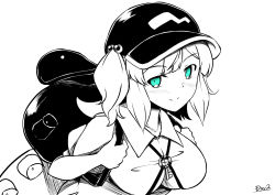 Rule 34 | 1girl, backpack, bag, blue eyes, blush, breasts, closed mouth, collared shirt, commentary request, cowboy shot, flat cap, greyscale, hair bobbles, hair ornament, hat, highres, kagiyama shachou, kawashiro nitori, large breasts, looking at viewer, medium hair, monochrome, shirt, sidelocks, simple background, smile, solo, spot color, touhou, two side up