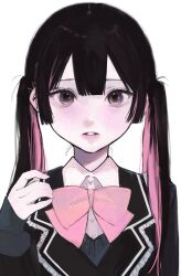 Rule 34 | 1girl, black eyes, black hair, black jacket, blush, bow, bowtie, cardigan under jacket, collared shirt, expressionless, highres, iq033, jacket, long hair, long sleeves, looking at viewer, multicolored hair, open clothes, open jacket, original, parted lips, pink bow, pink bowtie, pink hair, shirt, simple background, solo, twintails, two-tone hair, upper body, white background