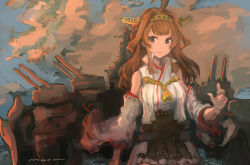 Rule 34 | 1girl, ahoge, black eyes, breasts, brown hair, cloud, detached sleeves, frilled skirt, frills, headgear, highres, japanese clothes, kantai collection, kongou (kancolle), kongou kai ni (kancolle), long hair, moor, outdoors, ribbon-trimmed sleeves, ribbon trim, rigging, signature, skirt, sky, solo, wide sleeves