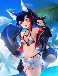 Rule 34 | 1girl, animal ears, armpits, bikini, bikini under clothes, black hair, blurry, blurry background, cloud, cloudy sky, collar, collarbone, commentary, day, fang, hair between eyes, highres, hololive, innertube, jacket, long hair, looking at viewer, miochun, multicolored hair, navel, ocean, okamin, ookami mio, ookami mio (hololive summer 2019), open clothes, open jacket, open mouth, palm tree, red hair, rubber band, short shorts, shorts, sidelocks, sky, solo, swim ring, swimsuit, tail, thigh strap, tree, two-tone hair, virtual youtuber, wolf ears, wolf girl, wolf tail, yellow eyes