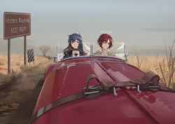 Rule 34 | 2girls, absurdres, alternate costume, animal ears, arknights, belt buckle, black jacket, blue hair, blurry, blurry background, brown eyes, buckle, car, chinese commentary, cjmy, collared shirt, commentary request, convertible, driving, english text, exusiai (arknights), grass, grey sky, halo, highres, jacket, long hair, motor vehicle, multiple girls, necktie, outdoors, parted lips, red hair, road sign, shirt, short hair, sign, sky, texas (arknights), vehicle request, white shirt, wing collar, yellow jacket
