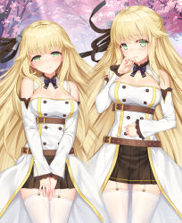 Rule 34 | 1girl, aurora (azur lane), azur lane, bad id, bad pixiv id, bare shoulders, belt, blonde hair, blush, bow, bowtie, breasts, brown skirt, cherry blossoms, cherrybell, cleavage, closed mouth, detached collar, detached sleeves, dress, green eyes, hair flaps, hair ornament, hair ribbon, hand up, lace-trimmed sleeves, lace trim, large breasts, long hair, long sleeves, looking at viewer, multiple belts, open mouth, pleated skirt, purple neckwear, ribbon, skirt, smile, thighhighs, very long hair, white thighhighs