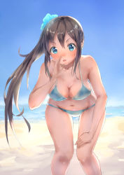 Rule 34 | 1girl, :o, arm up, beach, bikini, blue bikini, blue eyes, blue sky, breasts, brown hair, cleavage, day, female focus, hair ornament, hair scrunchie, hand on own knee, hand to own mouth, highres, kyon (kyouhei-takebayashi), leaning forward, long hair, looking at viewer, medium breasts, navel, ocean, open mouth, original, outdoors, ponytail, sand, scrunchie, sky, solo, standing, swimsuit, thigh gap, thighs